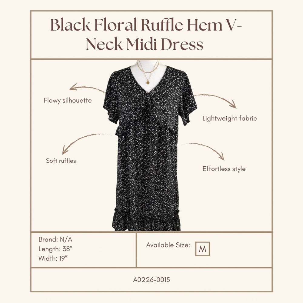 Black Floral Ruffle Hem V-Neck Midi Dress